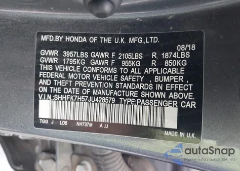 2018 Honda Civic Ex z USA, uszkodzony, nr VIN SHHFK7H57JU428579